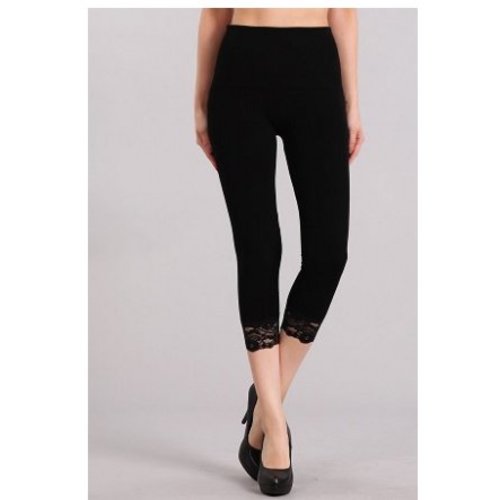 M Rena Tummy Tuck Cropped Leggings LACE Trim -Black M Rena Tummy Tuck Cropped Leggings LACE Trim -Black