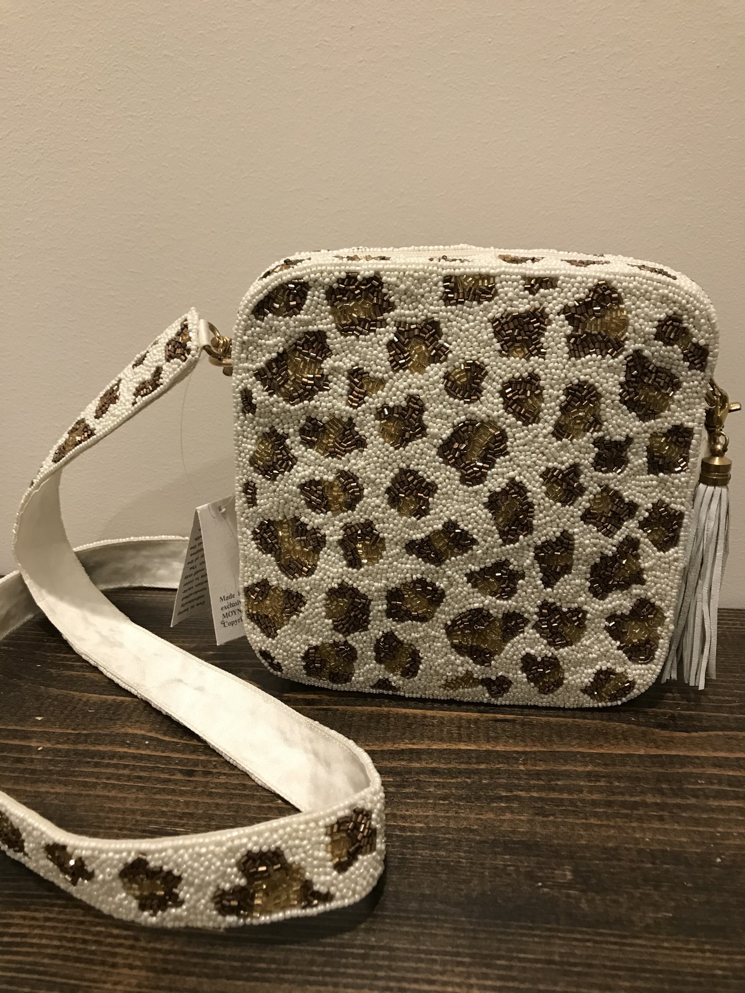 Beaded Crossbody Leopard Print ivory & birch