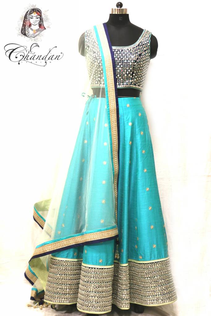 navy blue mirror work lehenga