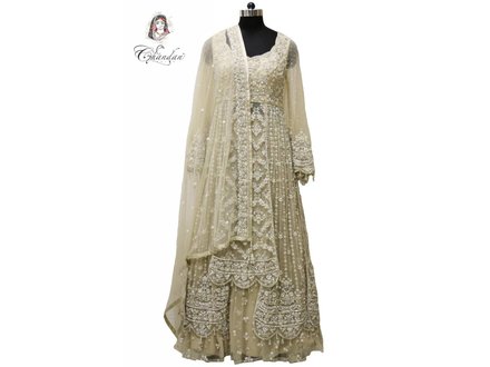 Light Fawn Embroidered Long Jacket Style Bridal Lehenga Choli Light Fawn Embroidered Long Jacket Style Bridal Lehenga Choli