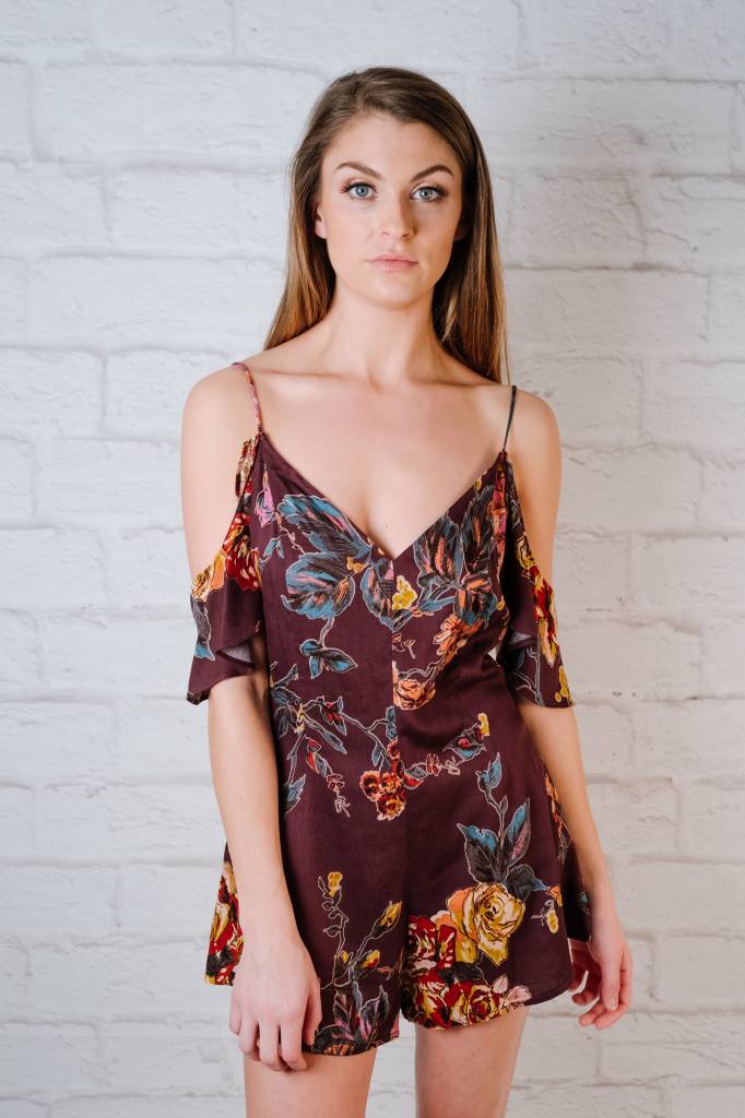 plum cold shoulder romper bobbles and lace