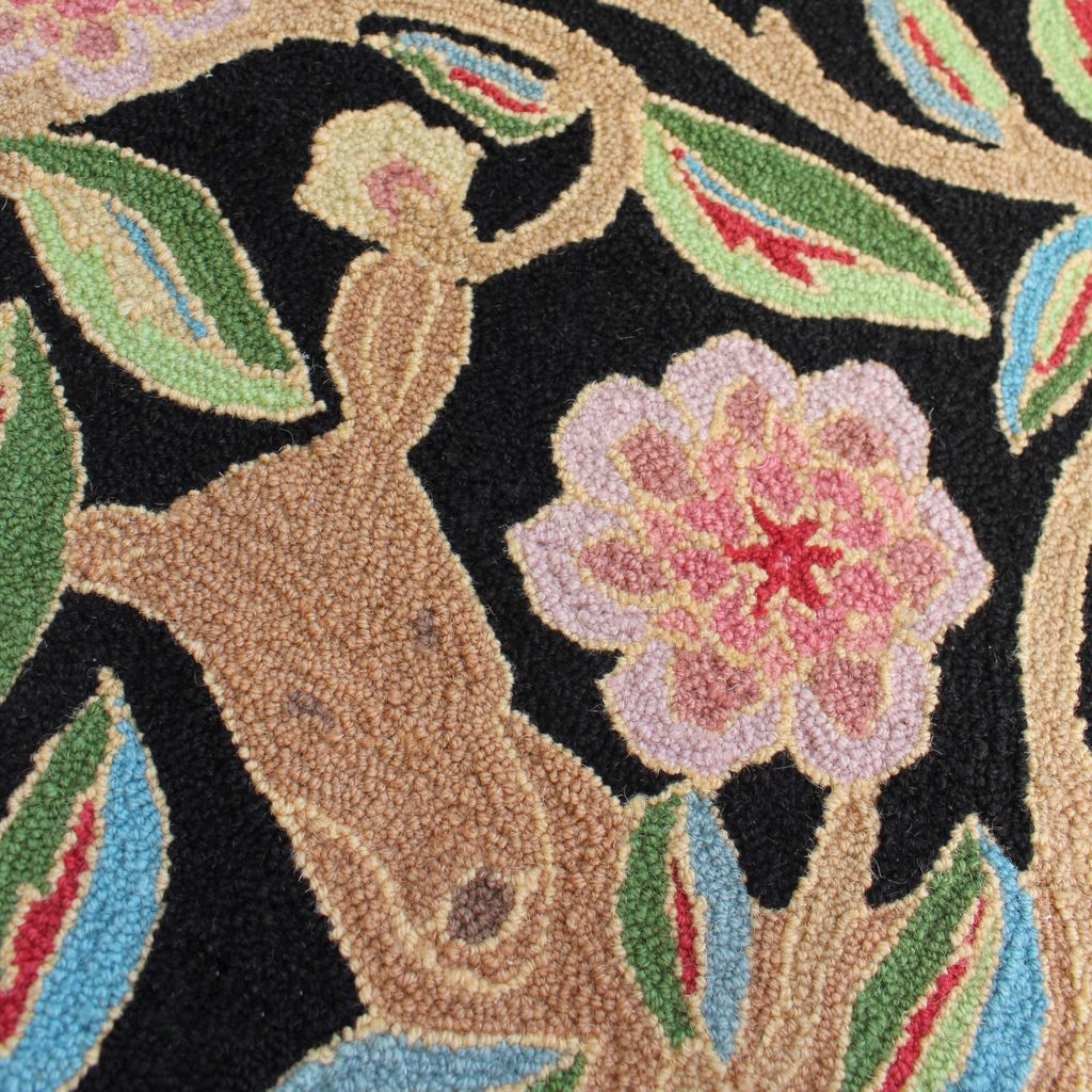 Garden Deer Black Wool Hooked Rug