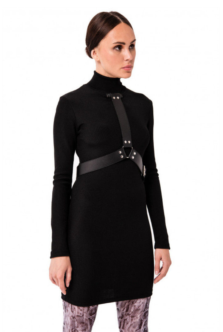 Stretch High Neck Dress w/ Faux Leather Harness Passional Boutique