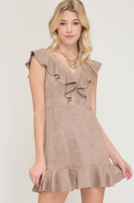 She Sky Sleeveless Faux Suede Fit Flare Dress W Ruffle Details