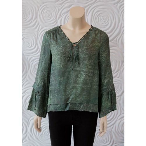 Ecru Ecru Long Sleeve Washable Silk Blouse with Tie Detail at Arm Ecru Ecru Long Sleeve Washable Silk Blouse with Tie Detail at Arm