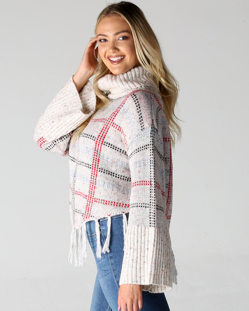 Angie Cowl Neck Fringe Hem Wide Sleeve Crop Sweater - Creations Boutique