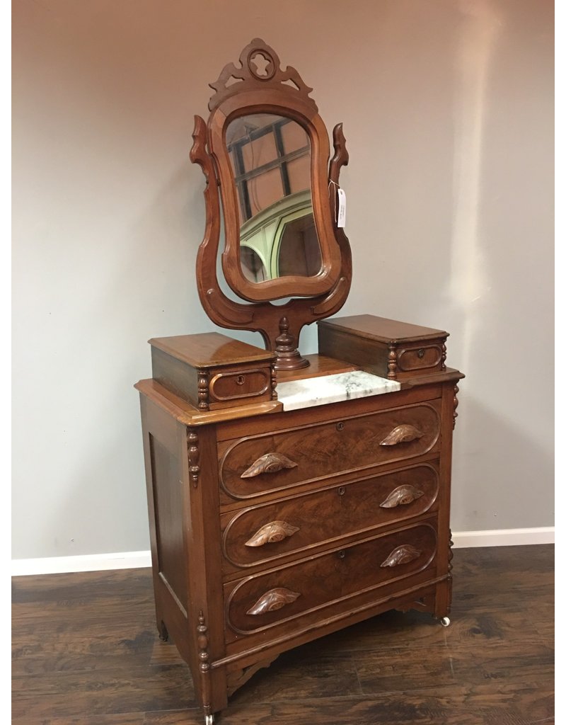 Walnut Victorian 3 Drawer Dresser W Marble Insert And Wishbone Mirror