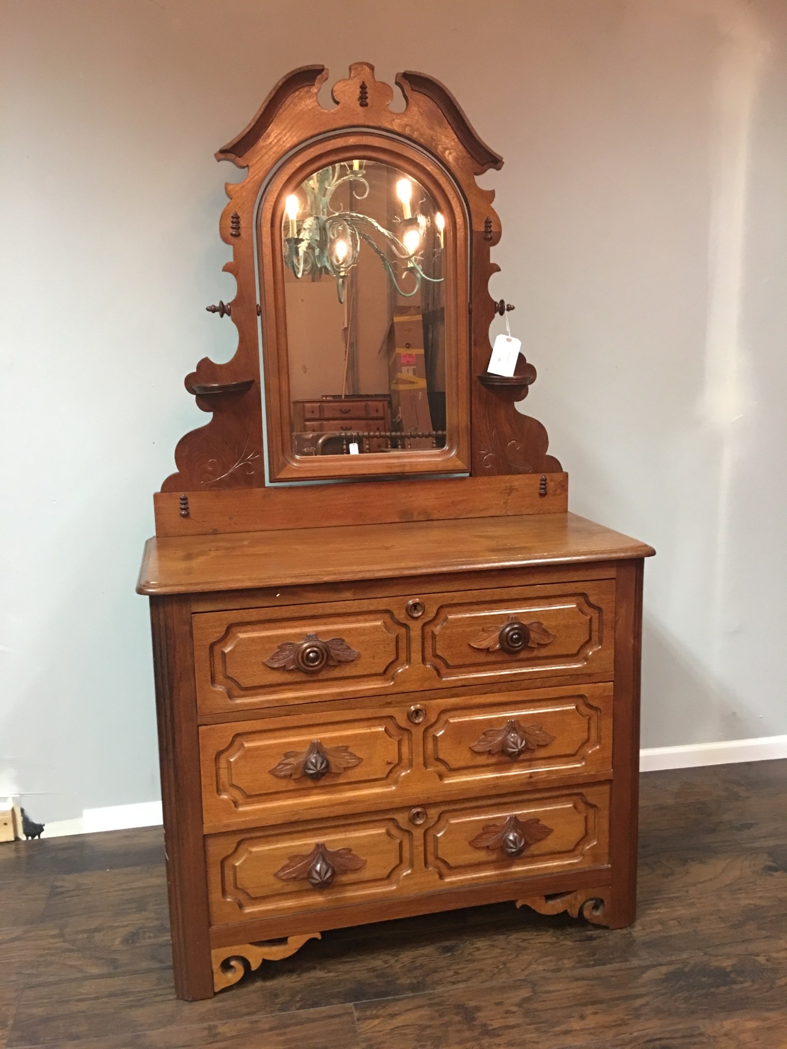 Walnut Victorian 3 Drawer Dresser w/ Mirror and Carved Pulls - Heirloom