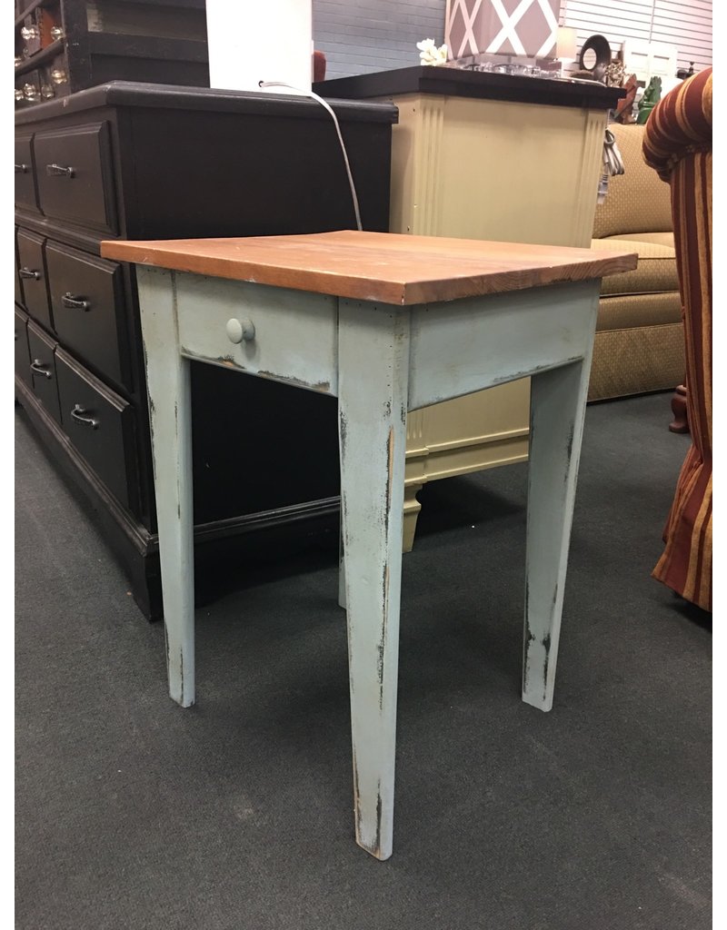 Distressed Pale Blue End Table w Stained Top Heirloom Home