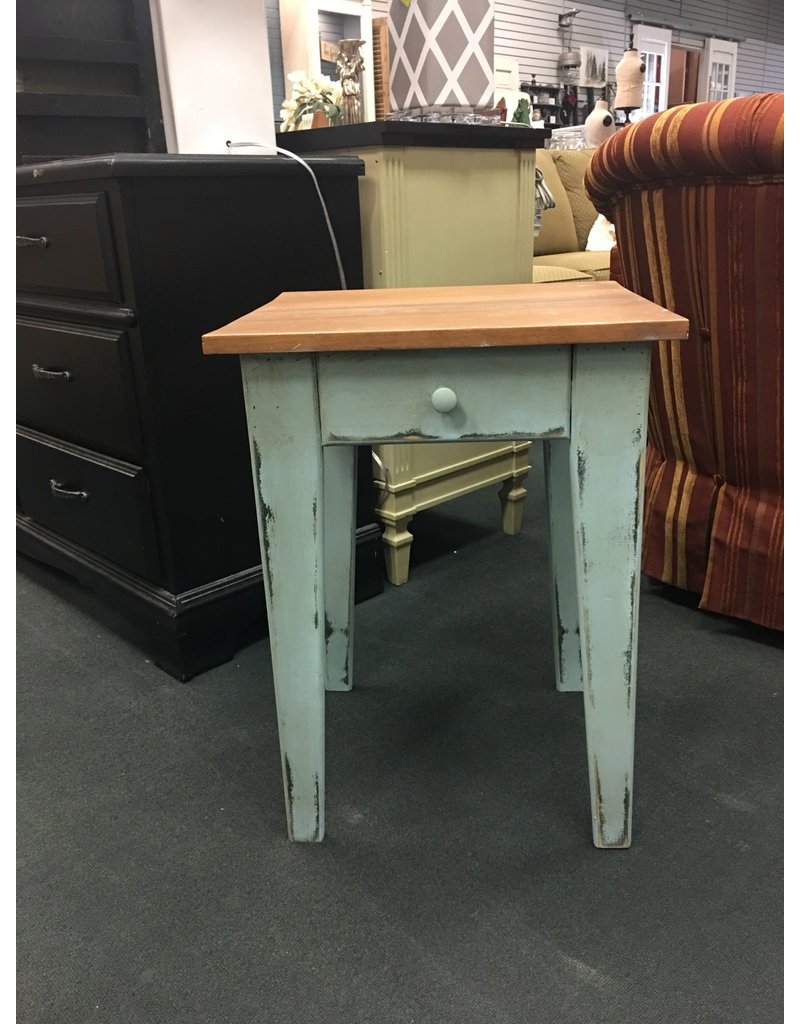 Distressed Pale Blue End Table w Stained Top Heirloom Home