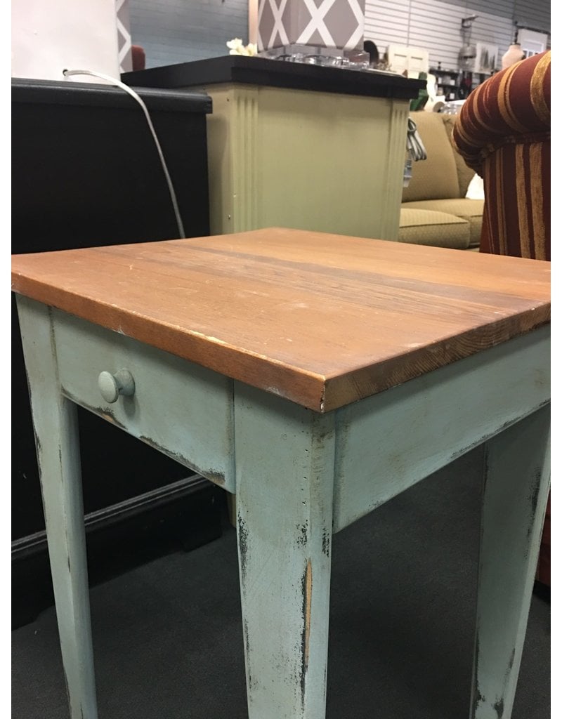 Distressed Pale Blue End Table w Stained Top Heirloom Home