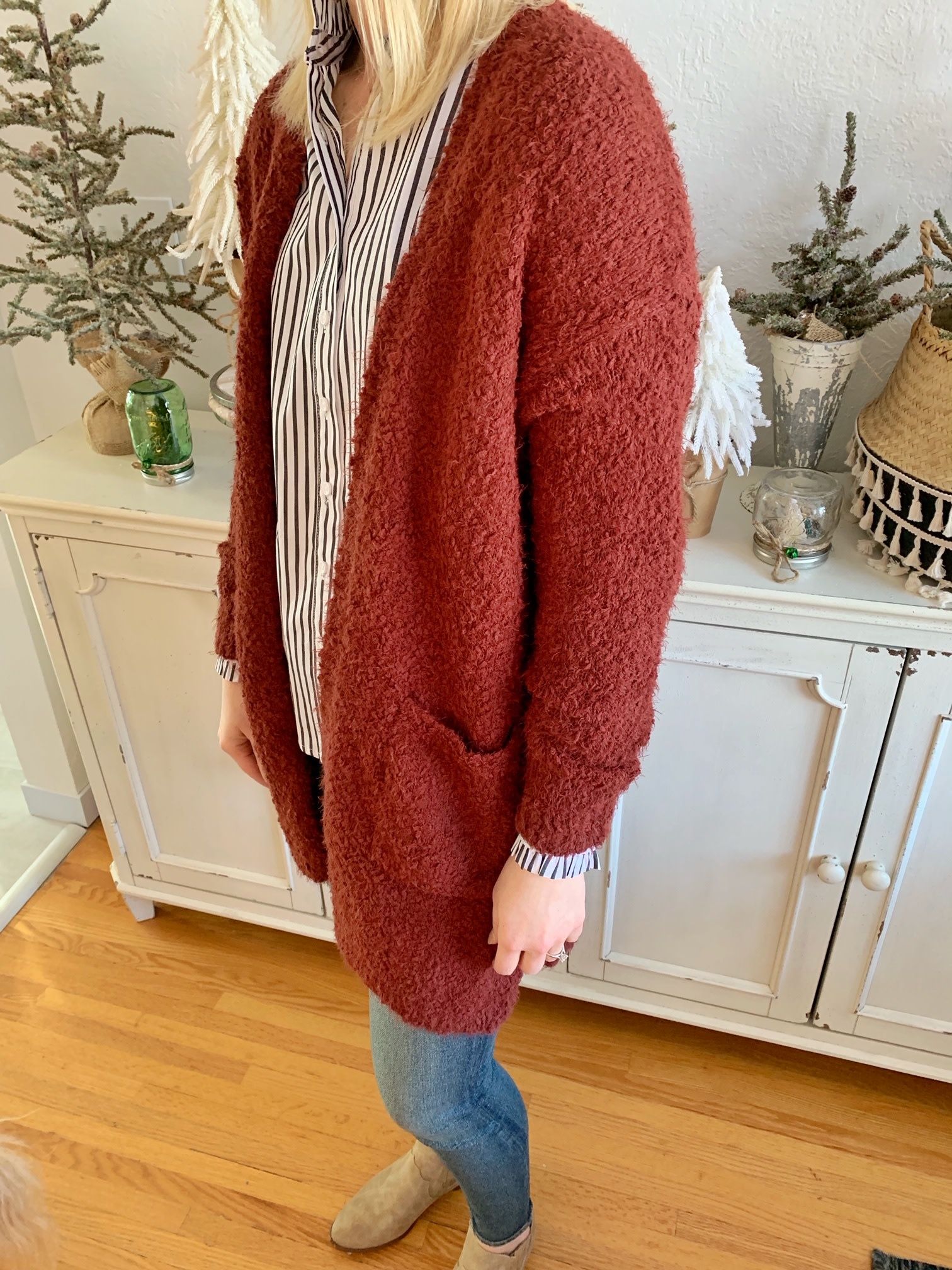 copper colored cardigan