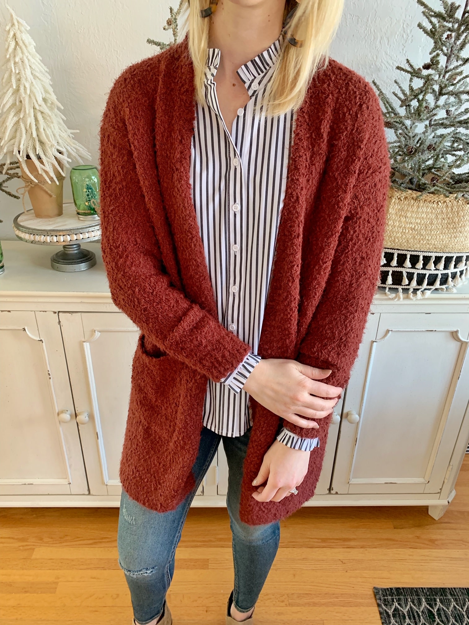 copper colored cardigan