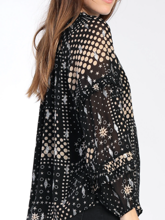 Current Air Abstract Print w/ Silver Glitter Pleated Ruffle Blouse