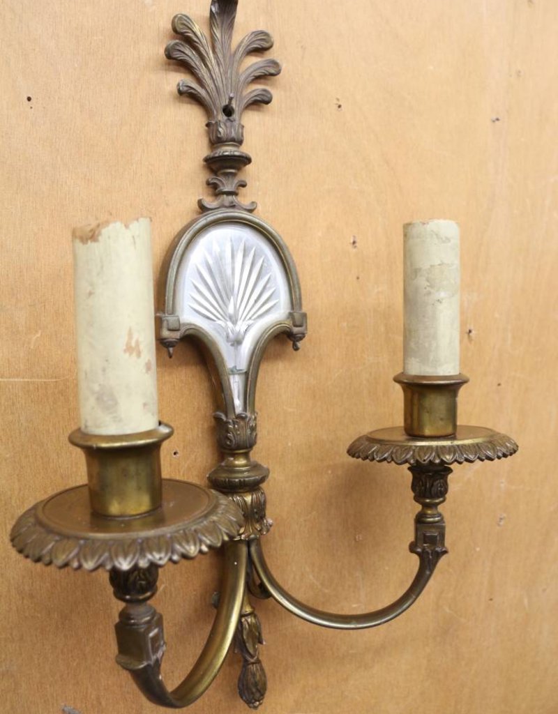 Antique 1920s Wall Sconce 2 Light Brass With Etched Mirror Anthemion