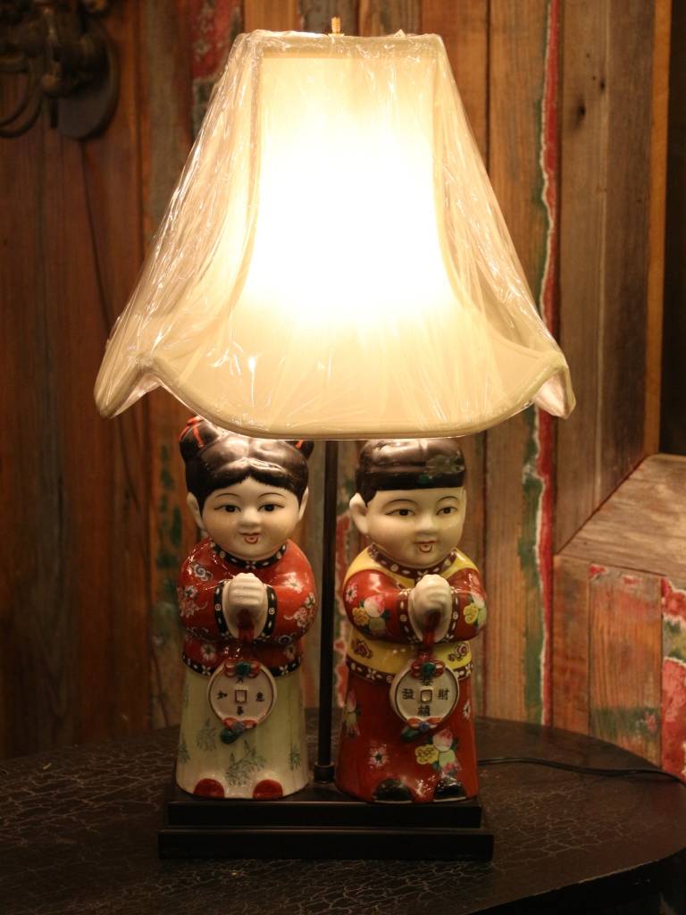 Asian Boy and Girl porcelain table lamp - C&C mercantile