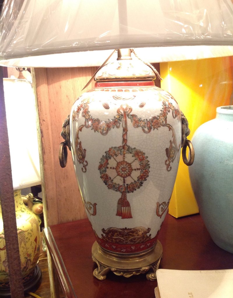Lamp Ceramic Vase Painted Floral Design Brass Lion Head Handles