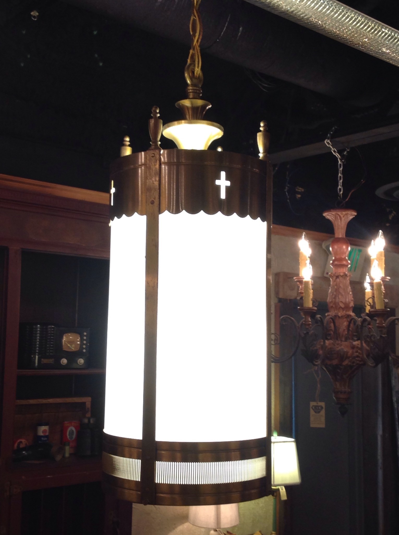 Vintage Church Sanctuary CylinderPendant in brass and Plexiglass C&C