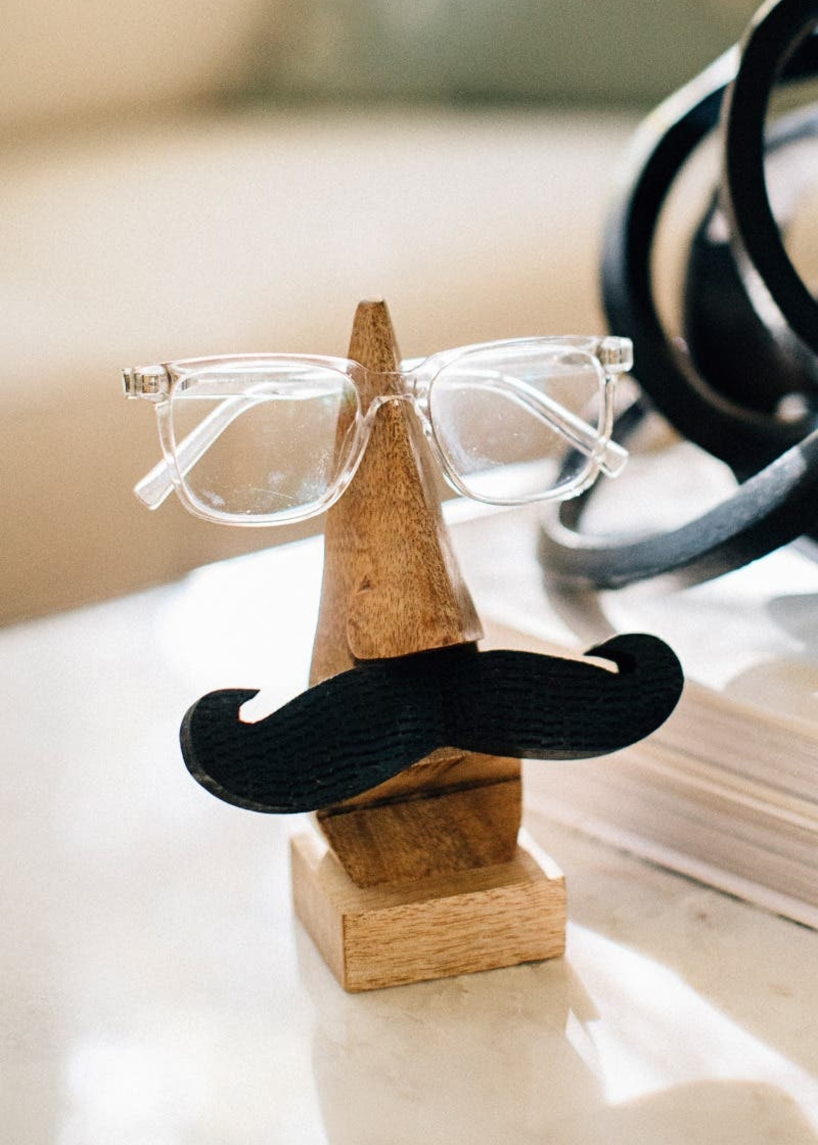 Whimsical Mustached Face Mango Wood Eyeglasses Holder - Mustachio