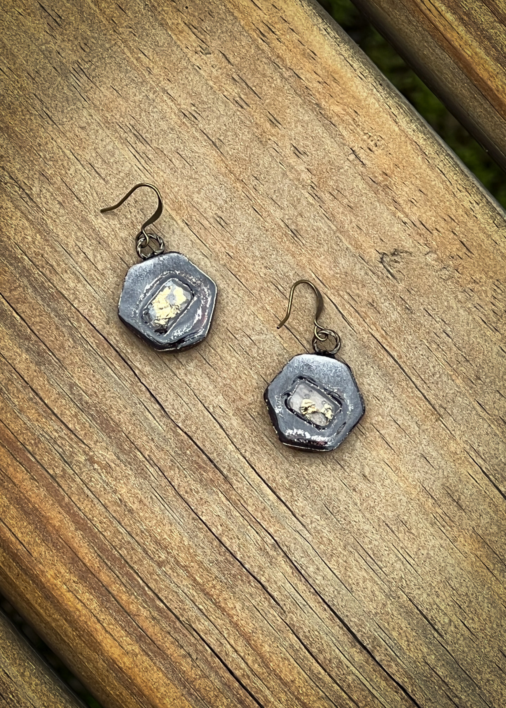 Pickled Pottery Hex Metallic Earrings