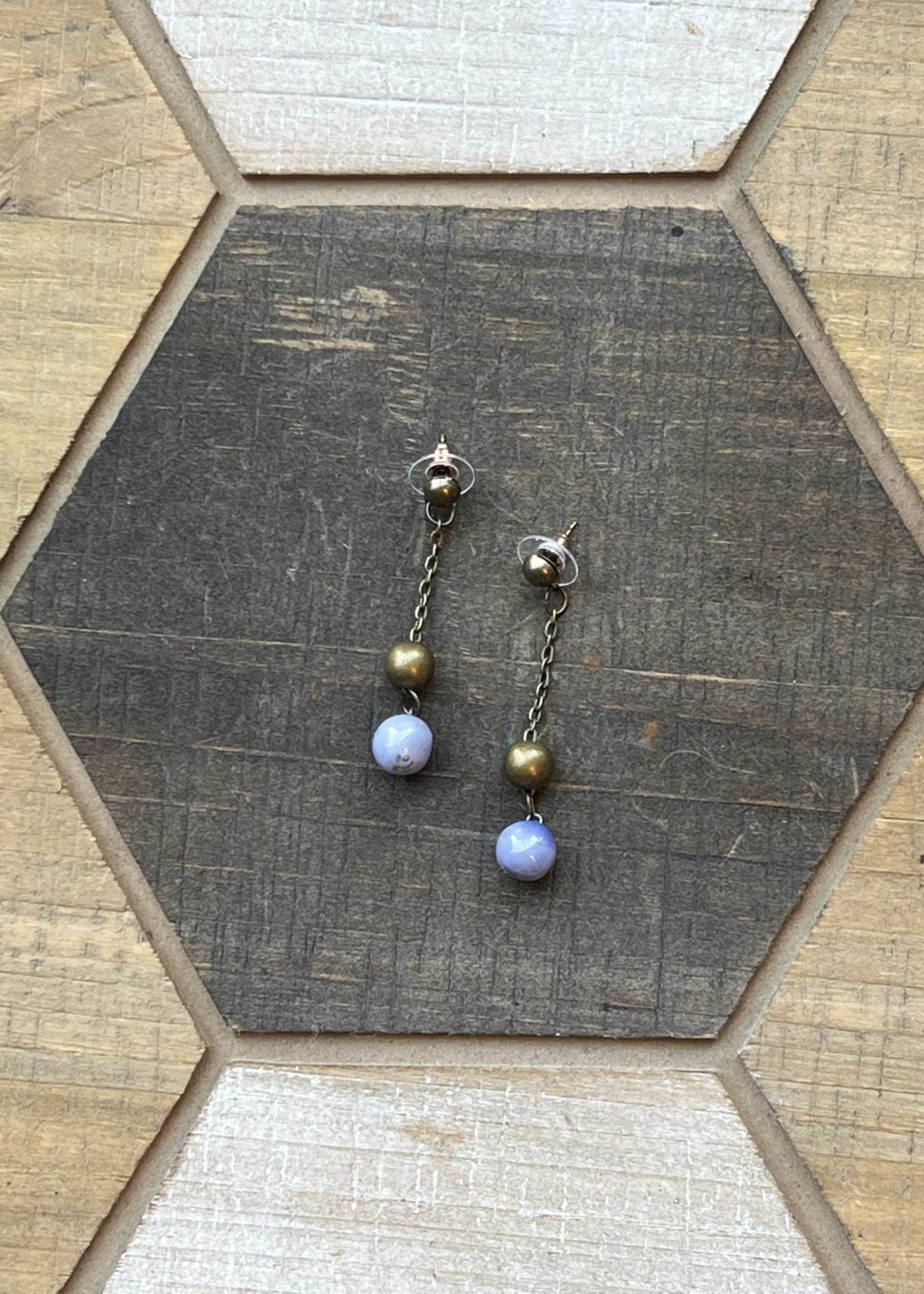 Pickled Pottery Dangle lavender/gold ball earrings