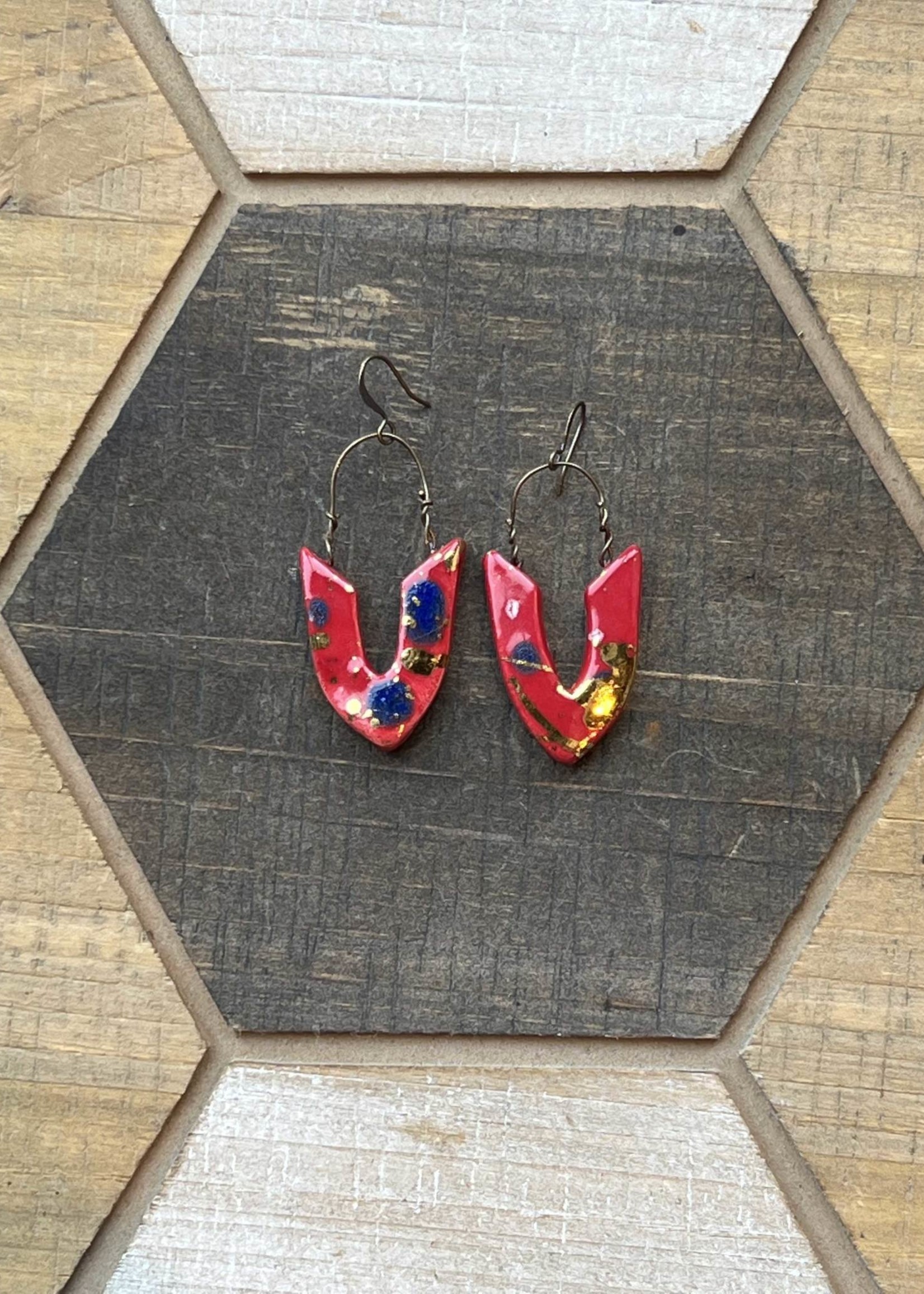 Pickled Pottery Distressed V Red Earrings