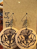 By the River Jewelry Scottish Thistle Burned Wood Disc Earrings
