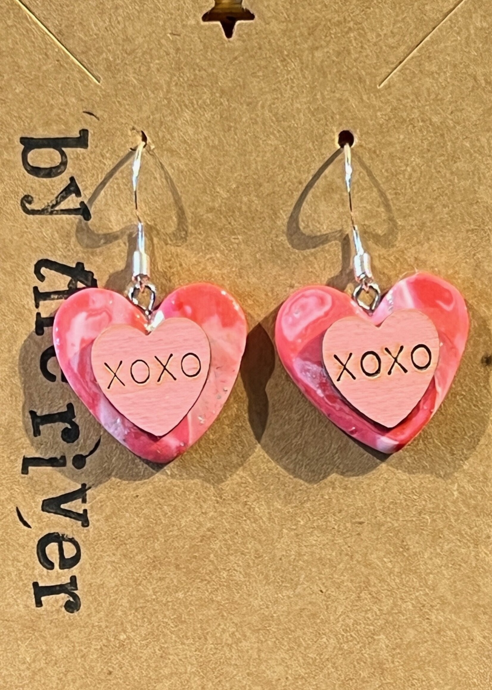 By the River Jewelry XOXO Pink Heart Earrings
