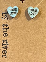By the River Jewelry True Love Candy Heart Stud Earrings Teal Wood