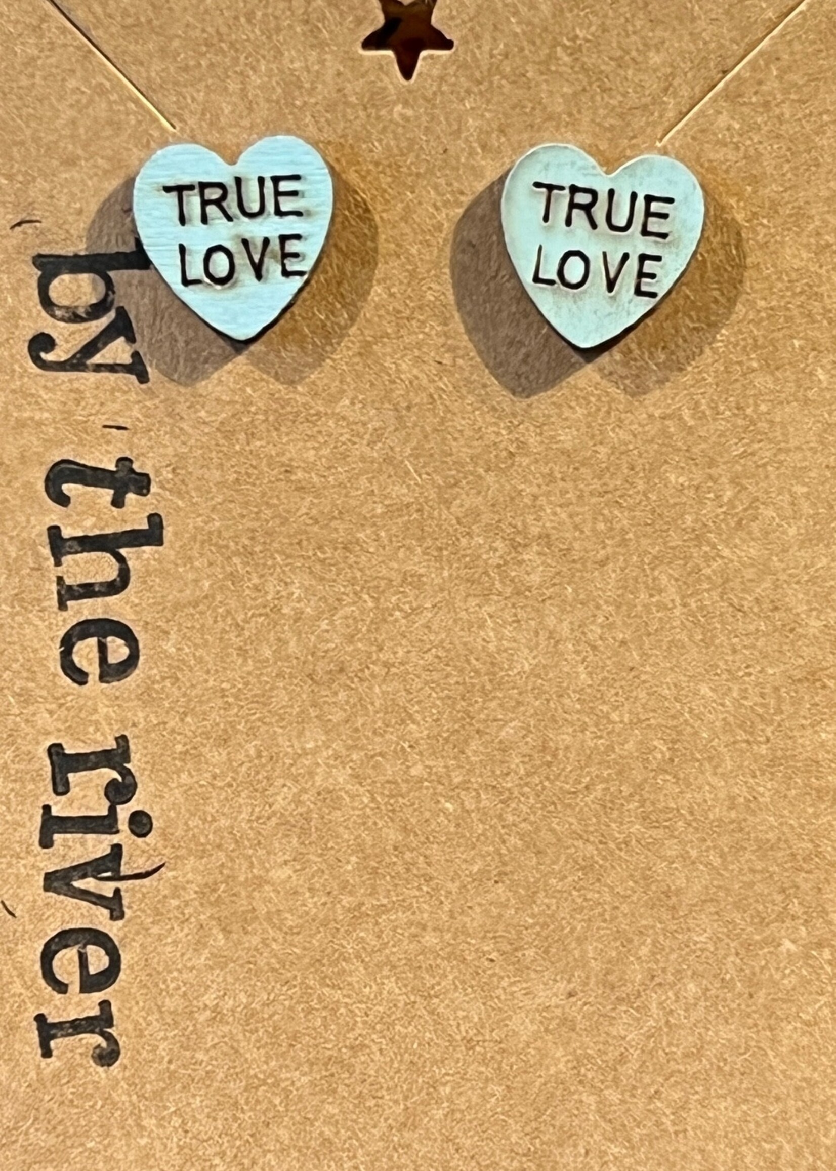 By the River Jewelry True Love Candy Heart Stud Earrings Teal Wood