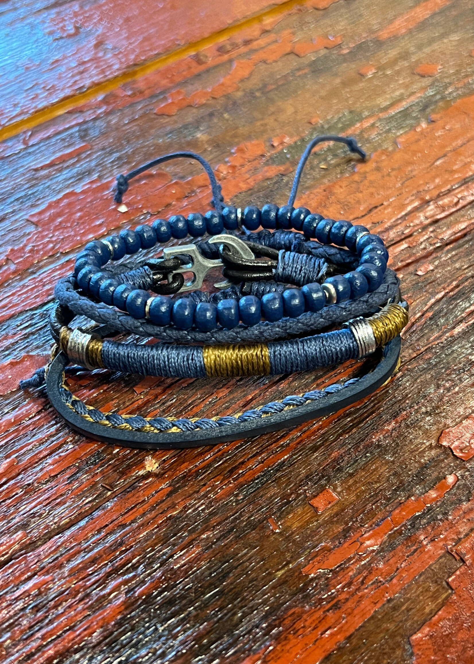 Aadi Blue and Brown Beaded Leather Braided Men Bracelet Set