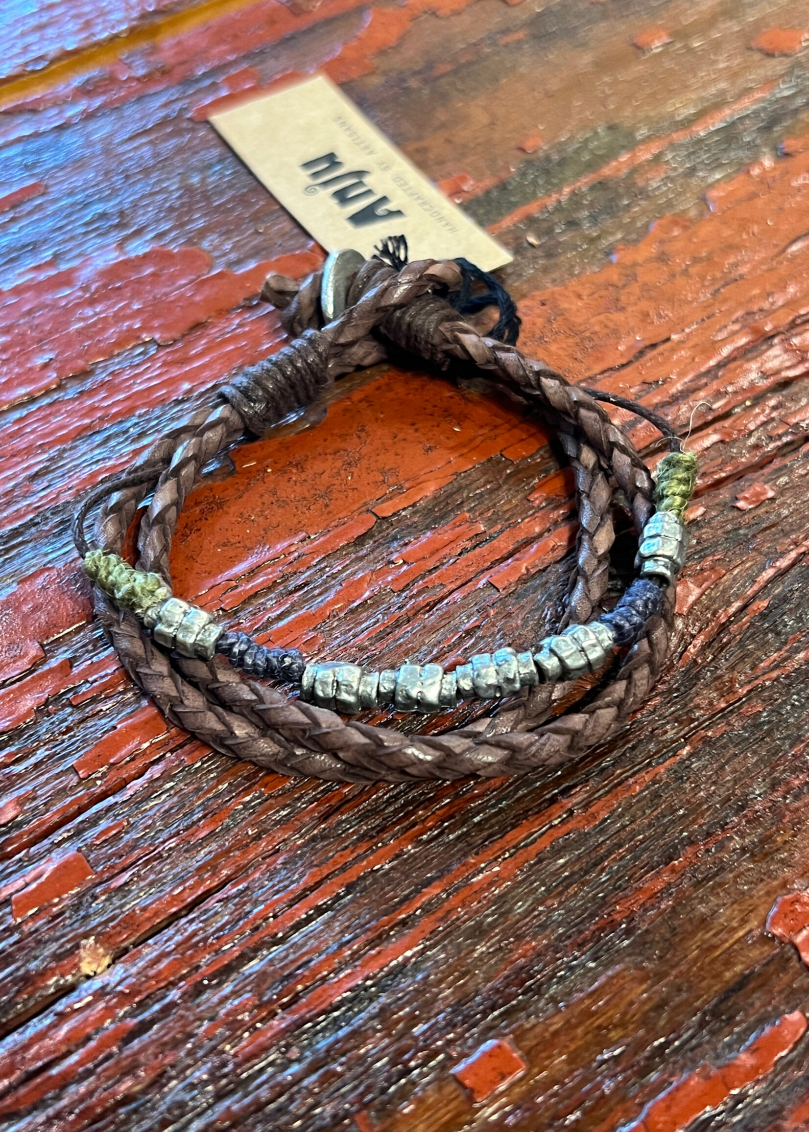Aadi Braided Leather Beaded Green/Blue Accent Mens Bracelet