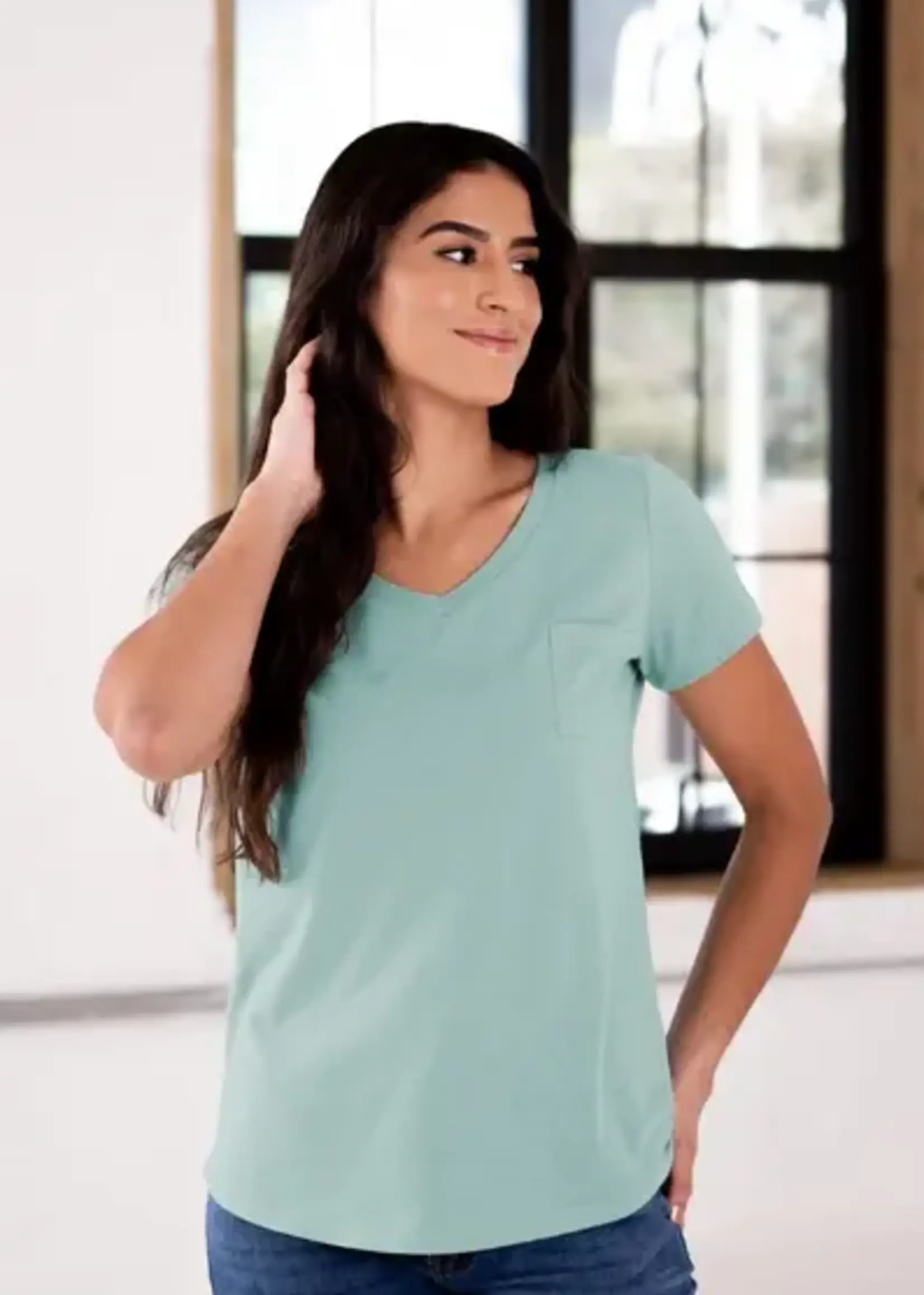 GOEX Drop Hem V-Neck Pocket Tee - Sage - M