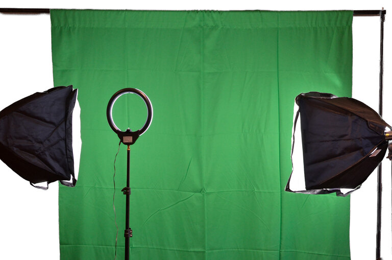 Complete Livestream Studio Lighting & Backdrop Kit - 6x9 Green Screen + Backdrop Stand, x2 Softbox Lights + Studio Bulbs & Stands, Ring Light