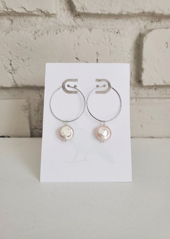 Dirty Bird Jewelry DB - White Freshwater Coin Pearls on Silver Pleated Hoops