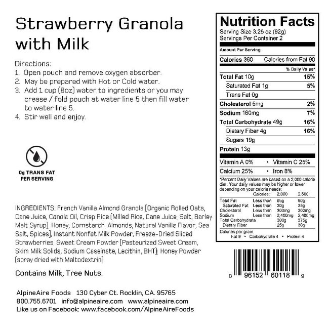 AlpineAire Foods Strawberry Granola with Milk