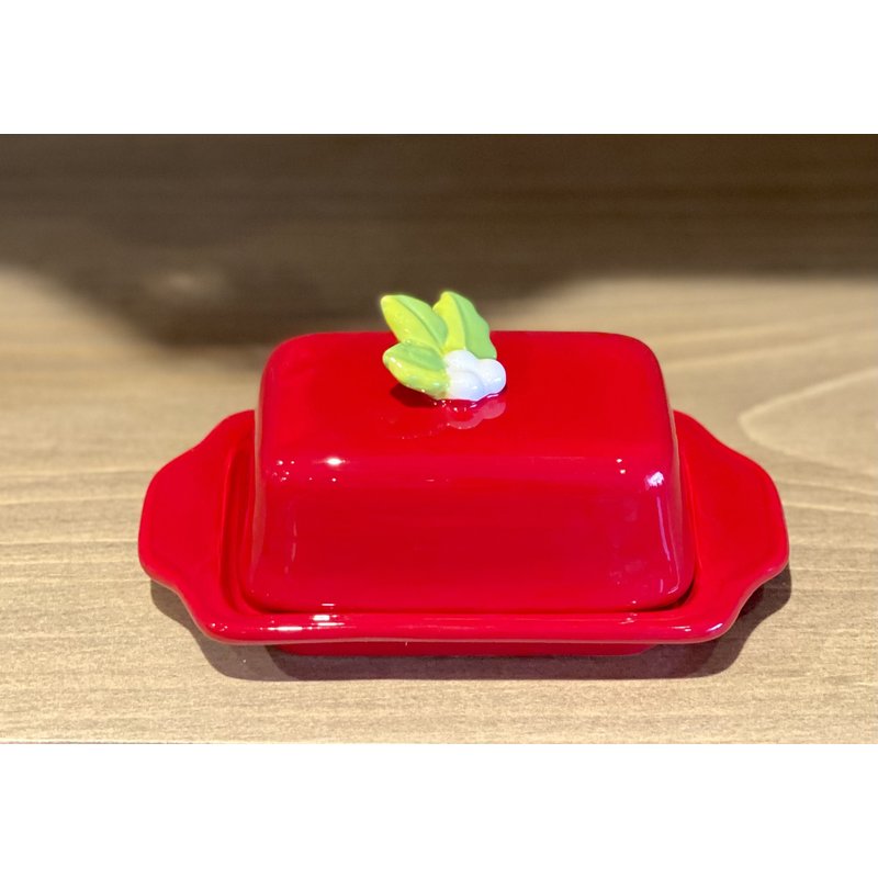 Red Holiday Butter Dish with Holly - B14