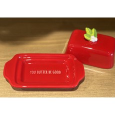 Red Holiday Butter Dish with Holly - B14