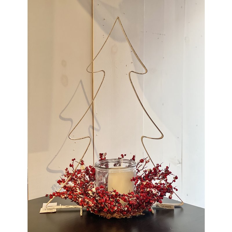 Tree Metal Framed Candle Holder with Snow Berry Wreath