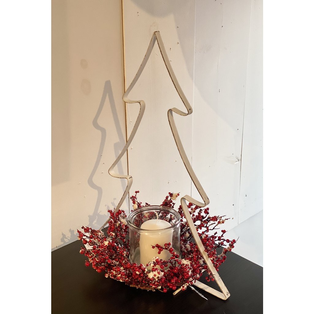 Tree Metal Framed Candle Holder with Snow Berry Wreath