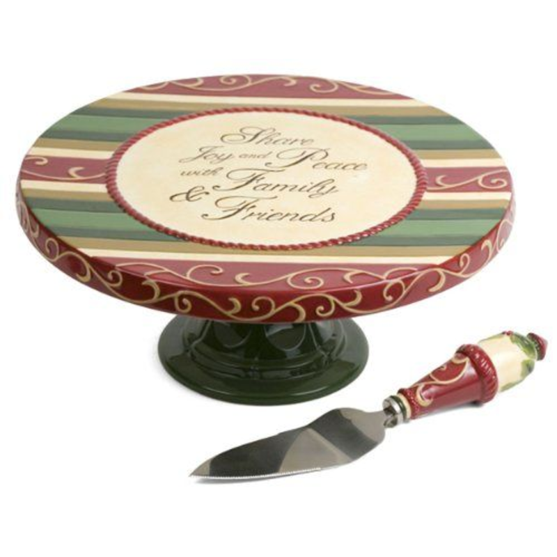 Crimson Manor Pedestal Cake Plate with Serving Knife - B39
