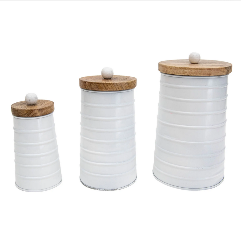 Set of 3 Metal Canisters with Wood Lid