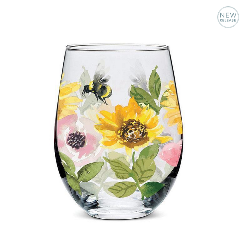 Sunflowers & Bees Stemless Wine Glass