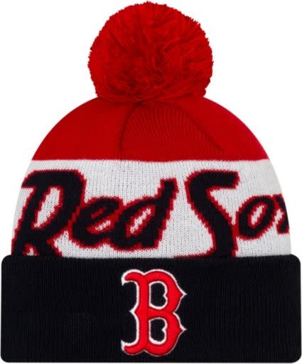 New Era Men's Boston Red Sox Script Knit Hat whit pom
