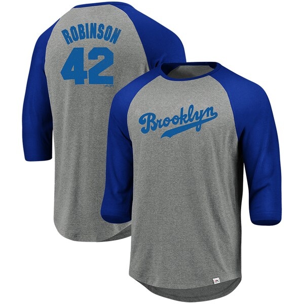 Majestic 3/4 sleeve raglan crew neck tee So much extra gray/deep Brooklyn Dodgers Robinson