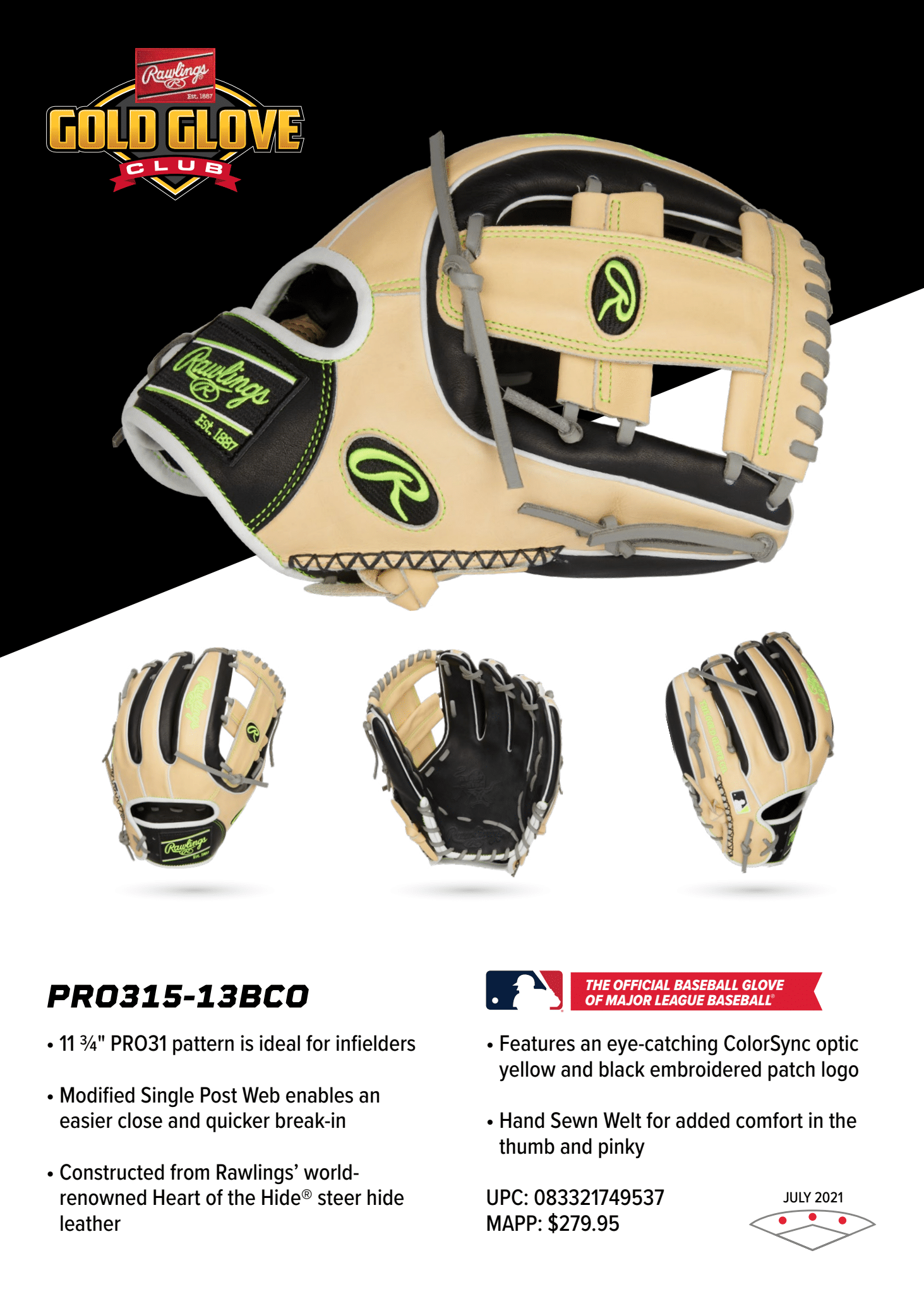 Rawlings Heart of the Hide 2021 July Glove of the Month PRO315-13BCO 11,75'' RHT