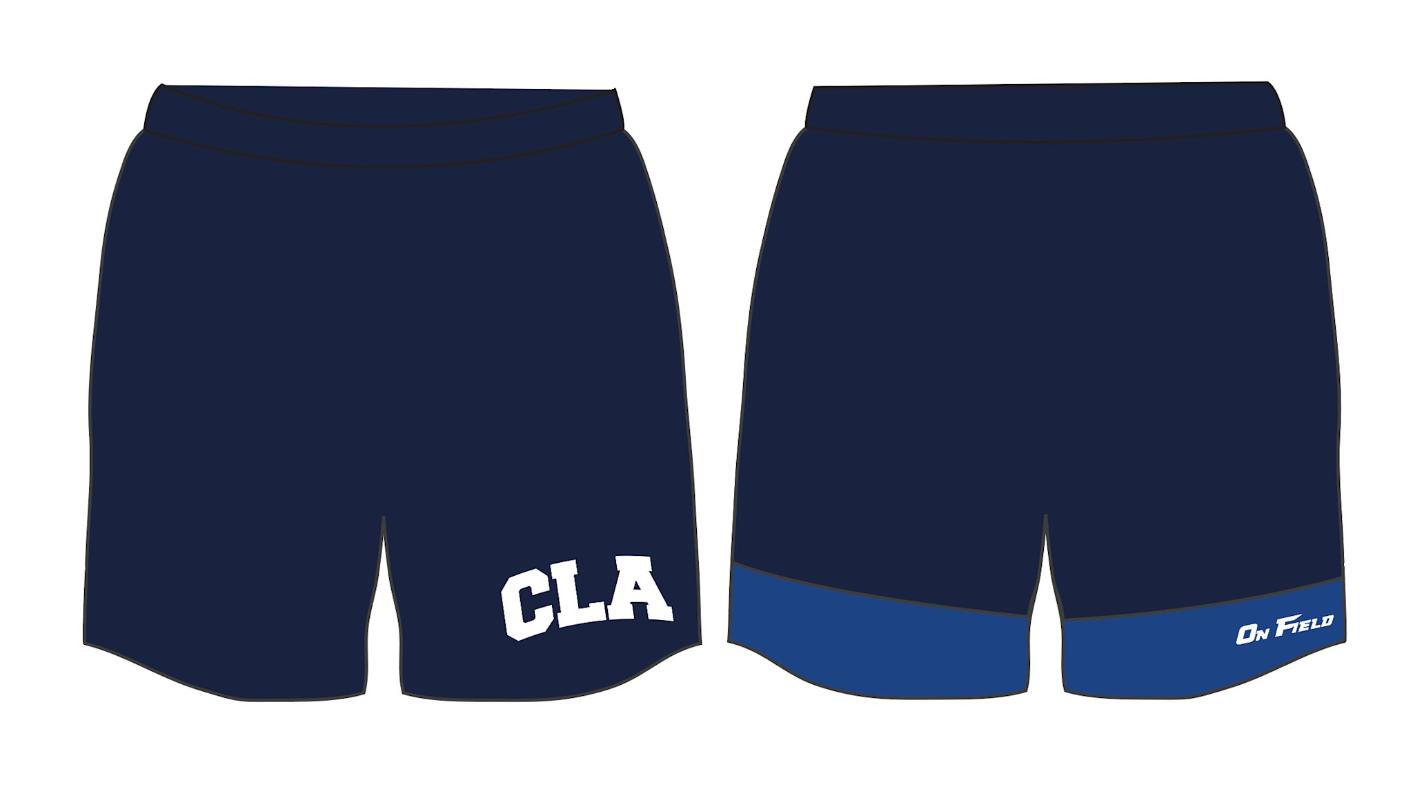 Short On FIeld dry fit bleu marine et bleu  royal  avec logo CLA softball en sublimation