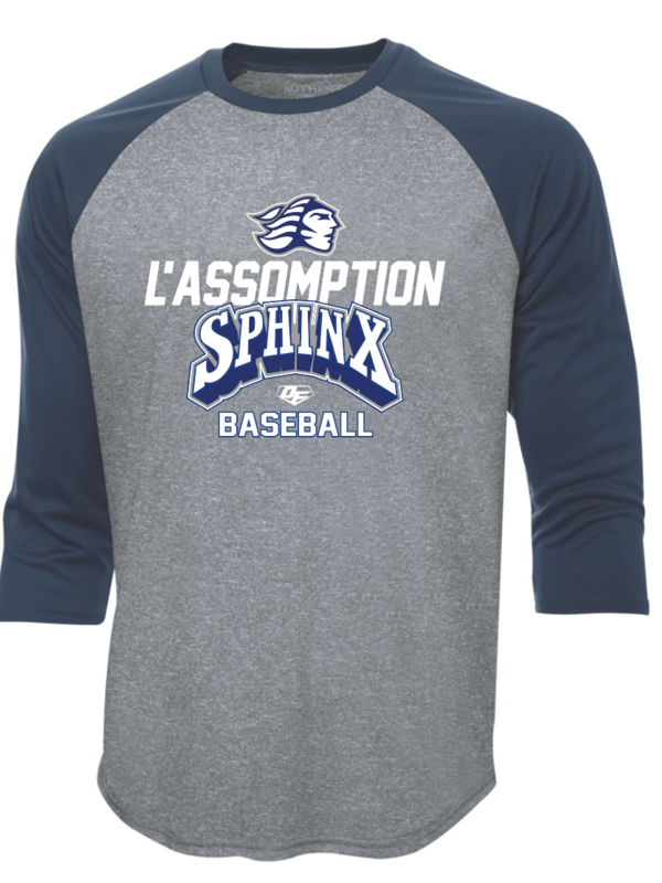 On Field Chandail OF Authentic manches 3/4 Sphinx du College de l'Assomption Baseball gris charcoal et bleu marine en sérigraphie - OFU-SP-NY
