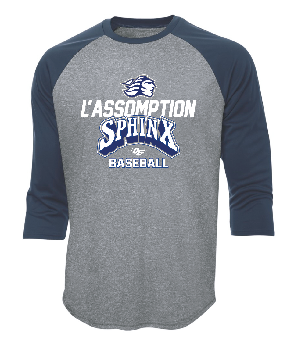 Chandail OF Authentic manches 3/4 Sphinx du College de l'Assomption Baseball gris charcoal et bleu marine en sérigraphie - OFU-SP-NY