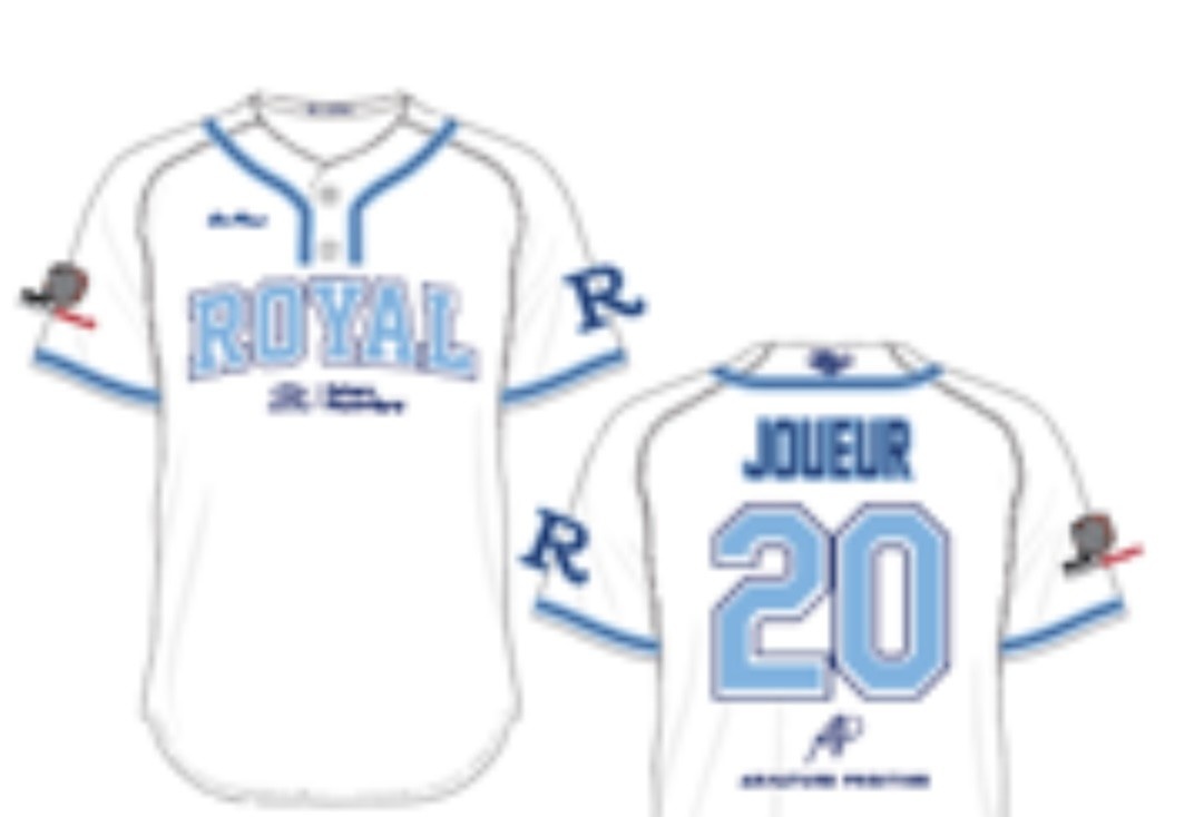 Chandail 2 boutons  sublimation Custom OF blanc Royal On Field softball